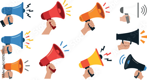 Hands holding megaphone vector illustration set with diverse loudspeaker colors and sound layouts