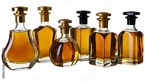 Konstfotografi Five assorted glass decanters filled with amber colored cognac or whiskey