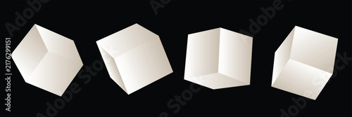 3d metal cubes set isolated on light background. Render a rotating chrome steel box with different angles in perspective with lighting and shadow. Realistic vector geometric shapes.
