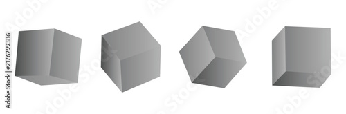 3d metal cubes set isolated on light background. Render a rotating chrome steel box with different angles in perspective with lighting and shadow. Realistic vector geometric shapes.