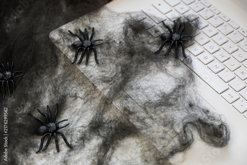 Black spiders and artificial cobwebs arranged on a laptop create a creepy Halloween atmosphere, suitable for seasonal advertising, horror themes, Halloween events and spooky digital content.