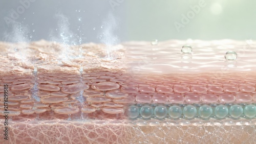Cross section diagram of dry versus hydrated skin cells with moisture droplets and deep absorption.