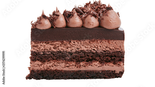Rich layered chocolate cake slice with ganache topping and mousse filling