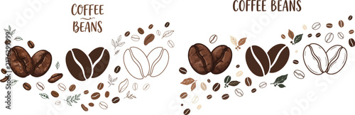 Set of roasted coffee beans and botanical branch illustrations with coffee vecto