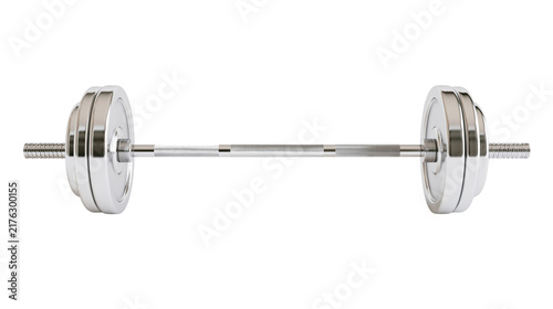 Fotografie Chrome plated steel barbell with adjustable weight plates for strength training