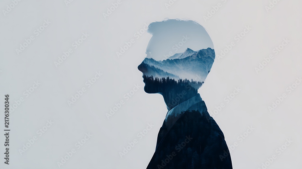 Obraz premium A double exposure image blending a man's silhouette with a misty mountainous forest landscape.