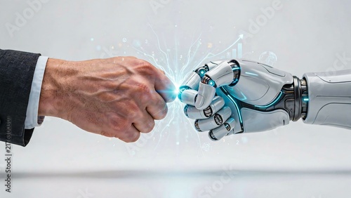 Fototapeta kuchenna Human and robotic hands touching with glowing light representing artificial intelligence and technological collaboration