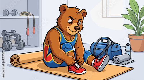 Cartoon bear mascot wearing a blue wrestling singlet sitting on an orange mat tying red sneakers in a fitness gym setting with dumbbells, a sports bag, and a potted plant.