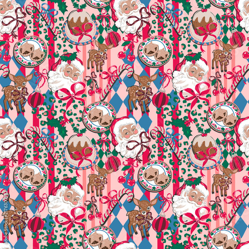 Canvastavla Vintage christmas seamless pattern with santa claus deer and holiday treats