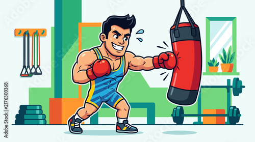Muscular cartoon athlete in a blue and yellow wrestling singlet punching a red heavy bag in a fitness gym setting with weights and exercise equipment, vector illustration style.