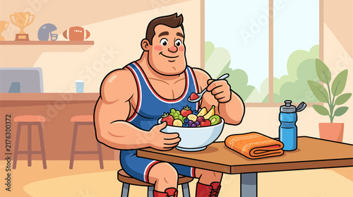 Vector illustration of a friendly muscular male wrestler in a blue singlet sitting at a wooden table and eating a healthy fresh fruit salad bowl in a bright room.