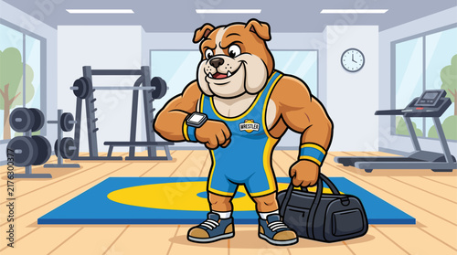 Muscular bulldog mascot in blue wrestling singlet holding gym bag and checking smartwatch inside training facility with weights, treadmill, and yellow wrestling mat background.