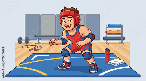 Cute cartoon wrestler mascot wearing red headgear and a red-blue singlet posing in a gym with weights, a jump rope, and a wrestling mat in a clean vector style.