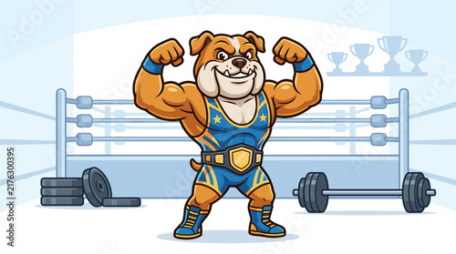 Vector illustration of a muscular bulldog mascot wearing a blue and gold wrestling singlet and championship belt, flexing muscles in a gym with a wrestling ring and weights.