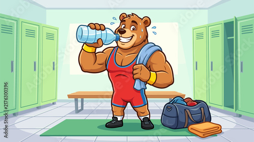 Muscular brown bear mascot character in red wrestling singlet drinking water from a bottle in a green locker room with sports bag and towel, flat vector cartoon illustration.