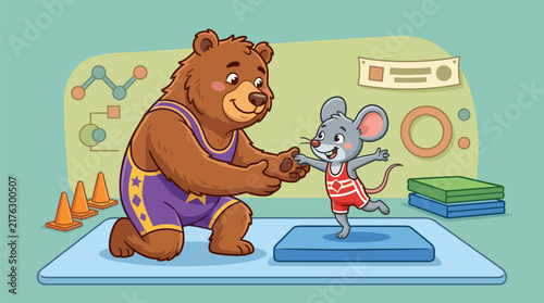 Playful cartoon illustration of a large brown bear coach in a purple wrestling singlet mentoring a small gray mouse athlete in red gear on a training mat in a gym setting environment.