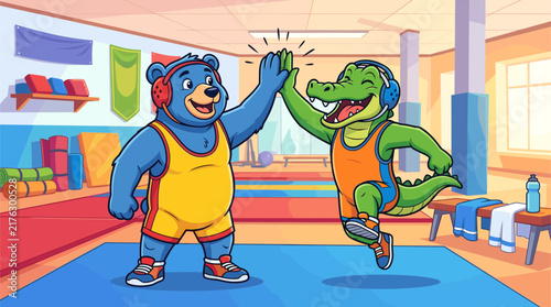 Playful cartoon illustration of a blue bear mascot and a green alligator mascot high-fiving in a wrestling gym wearing traditional singlets and protective headgear in a vibrant style.