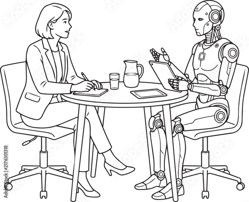 Business woman and robot talking at office desk meeting