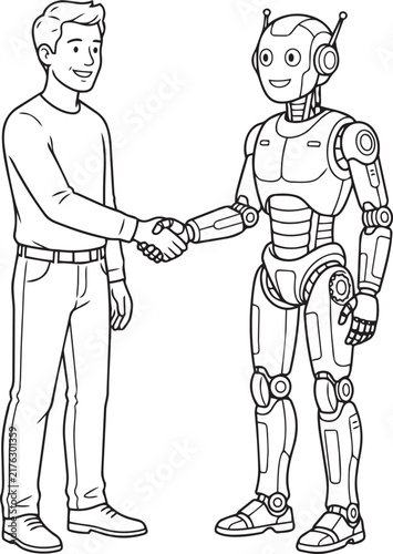 Human and robot shaking hands in a friendly greeting