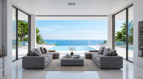 Modern luxury villa living room with infinity pool and ocean view