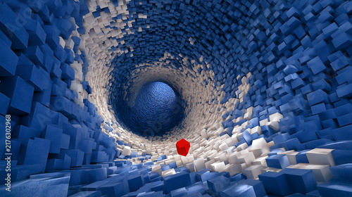 Obraz na płótnie Red cube floating in blue and white cubic tunnel