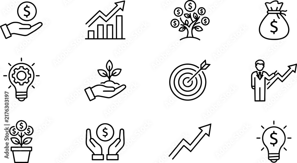 Naklejka premium Set of hand drawn business and finance icons featuring growth investment and money management concepts