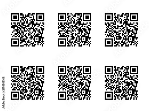 QR code collection with 6 unique vector icons. Digital barcode set for mobile scanning. Black and white matrix symbols for marketing.