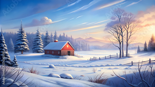 Winter landscape scene of a snow-covered countryside with a red barn. Peaceful rural scene at sunrise with snow-covered trees and mountains in the background.