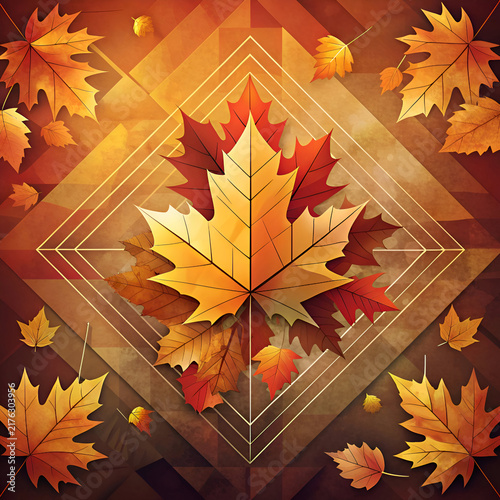 Autumnal maple leaves in warm tones with geometric design. Colorful foliage arranged in a central cluster against a textured background with various shades of brown and orange.