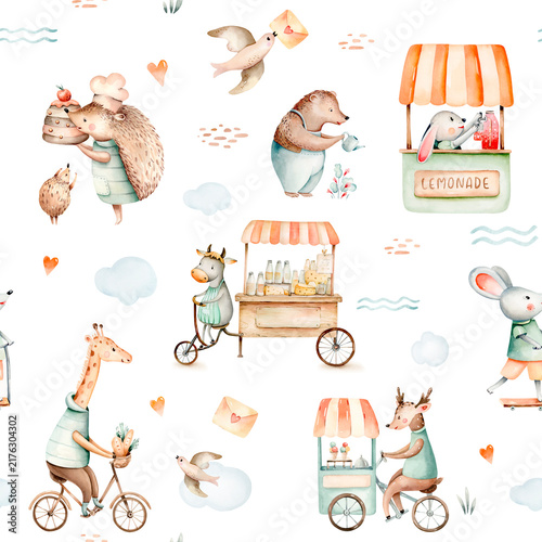 Seamless pattern with watercolor hand drawn cute happy animals giraffe on bike, bunny and bear animal in the village. Fawn and mouse are riding scooter illustration in a quirky city. 