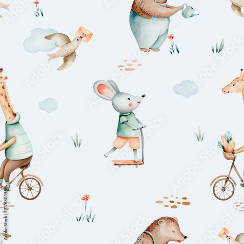 Hand-drawn seamless watercolor pattern with giraffe riding a bike and and mouse on scooter bird. Whimsical pastel design bear background for nursery in gentle pastel color. Children trendy wallpaper