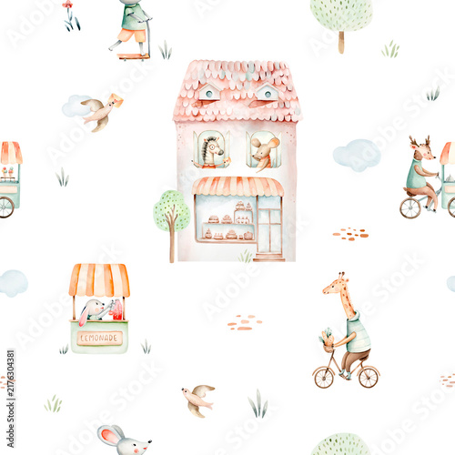 Seamless watercolor pattern children's book illustration, a quaint little house, a cute giraffe riding a bicycle, a tiny mouse on a scooter city scene, whimsical hand-drawn cute animals