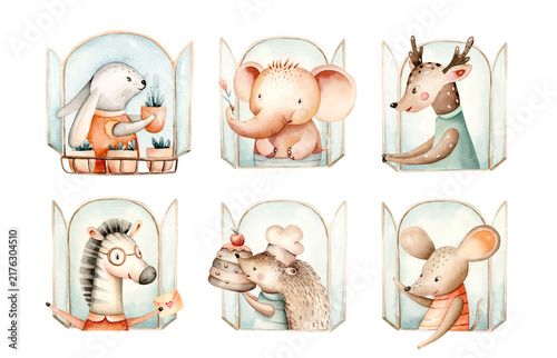 Watercolor nursery Clipart of safari and woodland animals elephant and zebra illustration in windows. Cute Woodland hedgehog and mouse. Animal a for baby shower, kids party decoration