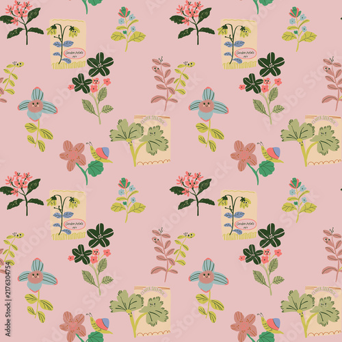 Seamless pattern with cute garden elements including seed packets, flowers, and snails on a soft pink background