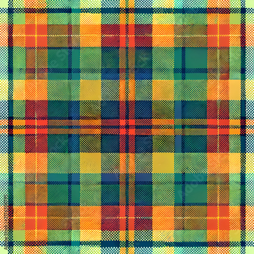 Tartan pattern with vibrant multi-colored squares in a textile design. Colorful checkered fabric with various shades of orange. red. yellow. green. and blue.