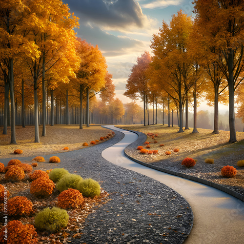 Autumnal park path meandering through golden foliage with landscaping. Serene walkway with decorative gravel bordering. showcasing fall colors and tranquil park setting.