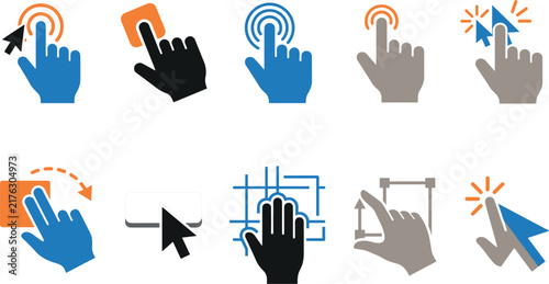 Mouse cursor pointer and touchscreen multi touch gestures vector flat icon set isolated on white background