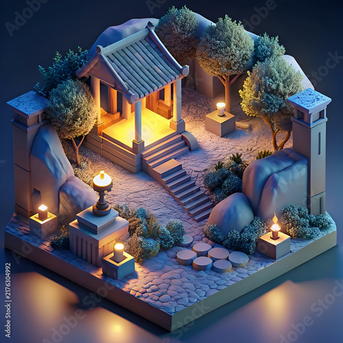 3D model of a serene Asian-inspired temple garden at night.