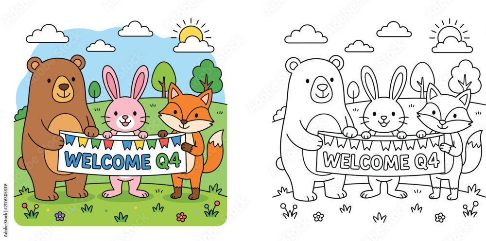 Fototapeta premium Cute cartoon bear bunny and fox holding welcome Q4 banner, colorful artwork and black and white coloring page illustration