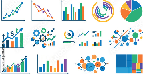 Business data infographics and financial analysis vector chart icon set with line bar and pie graphs