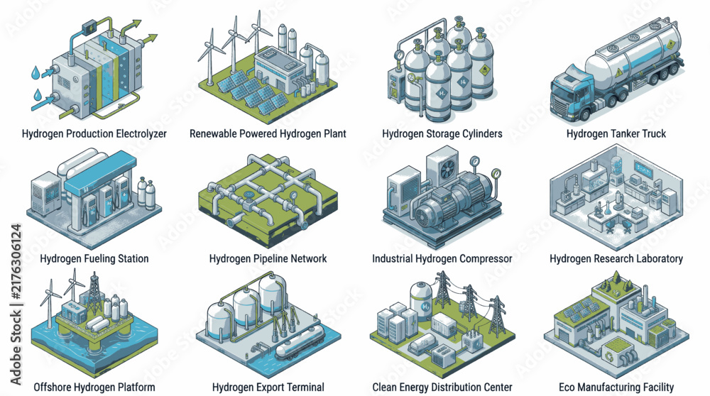 Fototapeta premium Isometric illustration of various hydrogen energy production, storage, and distribution systems.