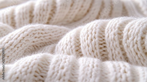 Close-up of Soft Cream-Colored Knit Wool Blanket with Textured Pattern