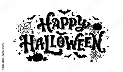 Happy Halloween festive lettering with pumpkins bats and spooky decorations vector illustration