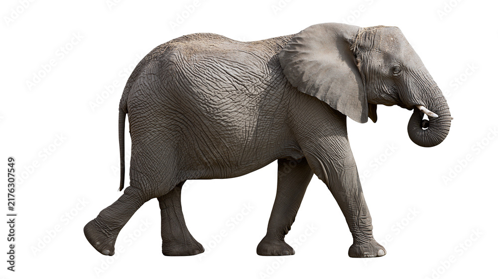 Fototapeta premium Large African elephant walking with trunk curled and tusks visible