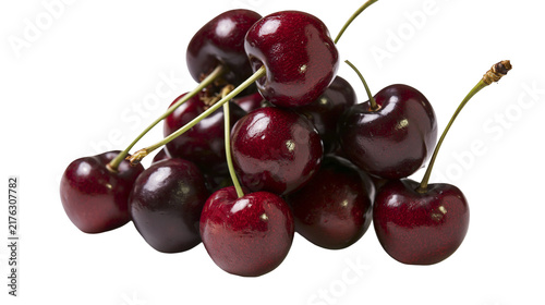 Fresh ripe dark red cherries with green stems clustered together