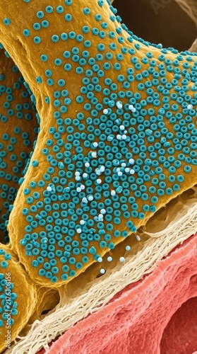 Astrocyte endfoot membrane displaying dense aquaporin-4 water channel arrays, regulating bidirectional fluid homeostasis, blood-brain barrier neurovascular interface.
