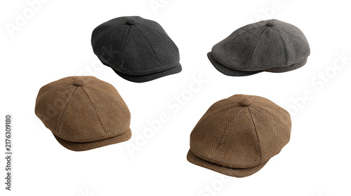 Fotografía Herringbone tweed newsboy caps in brown and grey wool fabric