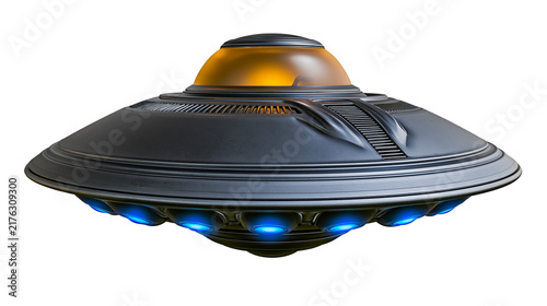 Obraz na płótnie Metallic disc shaped flying saucer with amber dome and glowing blue lights