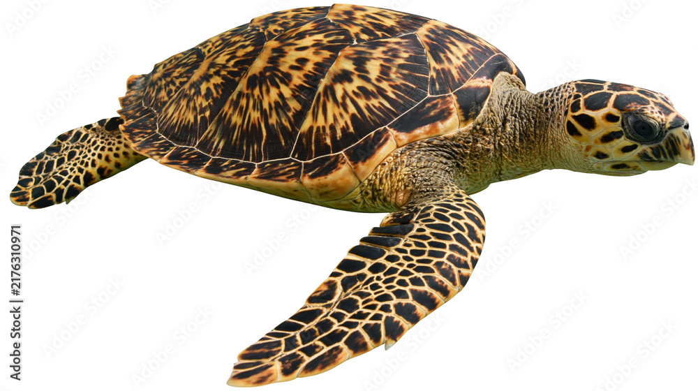 Obraz premium Hawksbill sea turtle with patterned brown and yellow shell swimming
