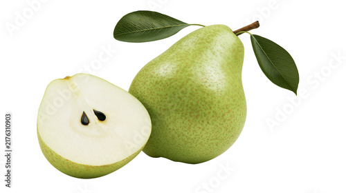 Fresh green pear with leaves and a sliced half showing black seeds